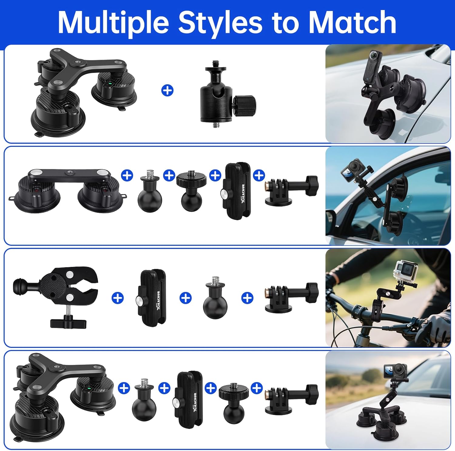 Five Suction Cup 360 Camera Car Mount Kit for Insta360 X5 X4 X3 GO 3 One RS and GoPro Max Hero 12 Hero 11 with 2 in 1 Extension Pole Selfie Stick Heavy Duty Outside Windshield Mount