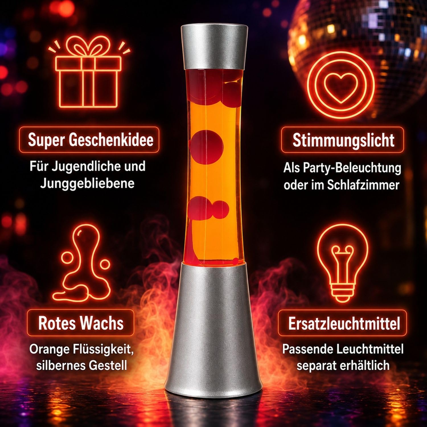 Licht-Erlebnisse Lavalampe Orange Rot, Retro Lampe, kräftig, aktiv, stimmungsvoll, 39,5 cm, G9 25 W mit Kabelschalter, inklusive Leuchtmittel, Dekolampe, Lava Lampe