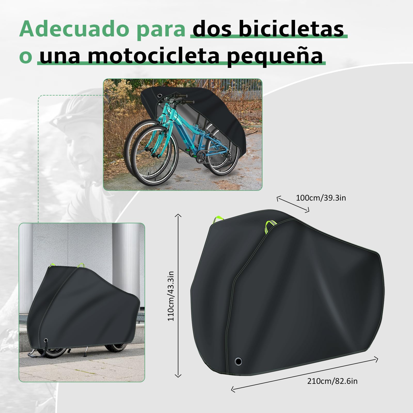 Funda Bicicleta Exterior Impermeable 500D Tejido Ripstop, Funda Bici Anti-UV Resistente a Viento y Polvo, 210x100x110 cm, Cubierta Protección para Bicis Montaña, Carretera, Eléctricas y Motos
