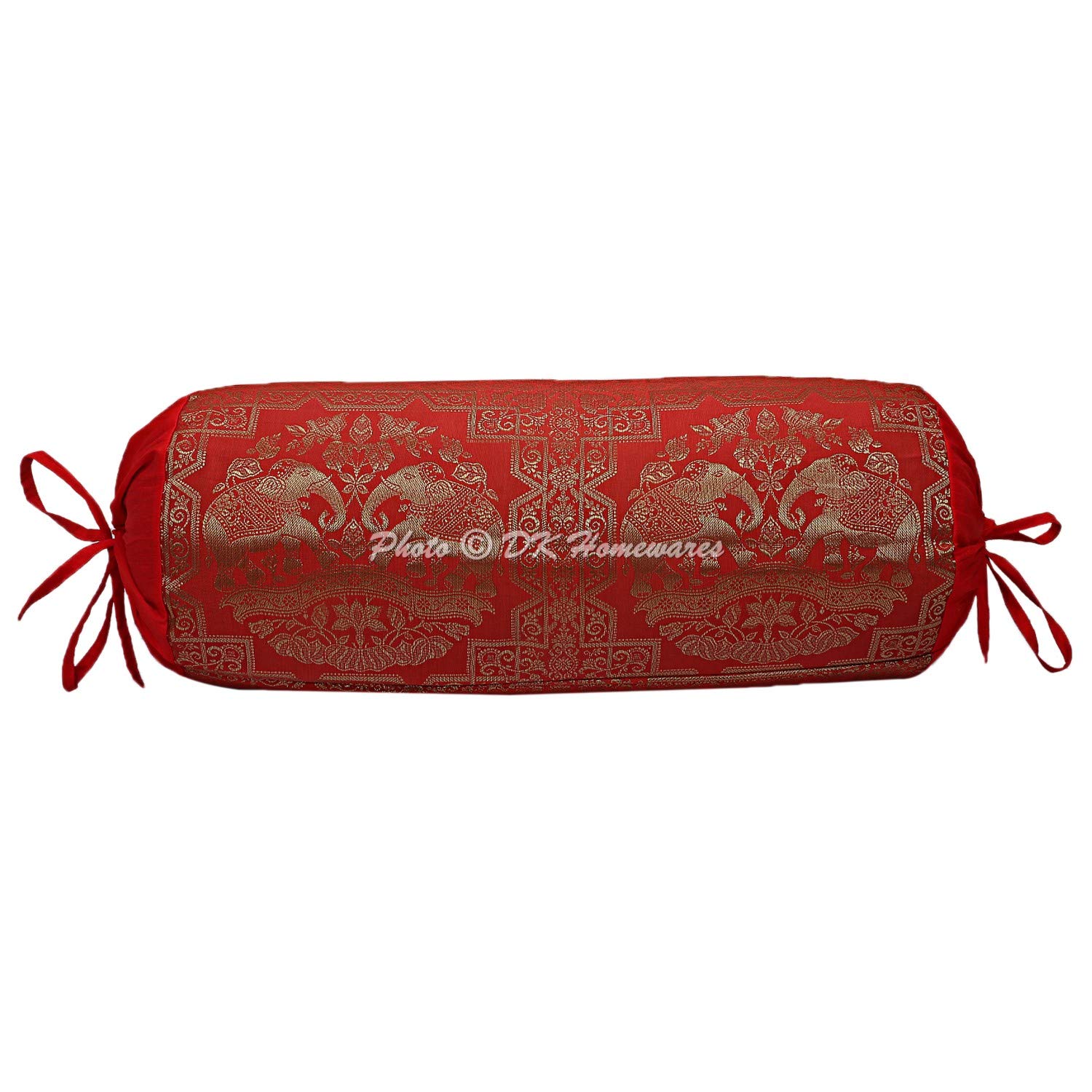 DK Homewares Indian Brocade Polydupion Silk Cylindrical Sofa Couch Bolster Cushion Cover Red Elephant 30x15 Inch Jacquard Weave Home Decor Hotdog Pillow Case - (1 Pc)