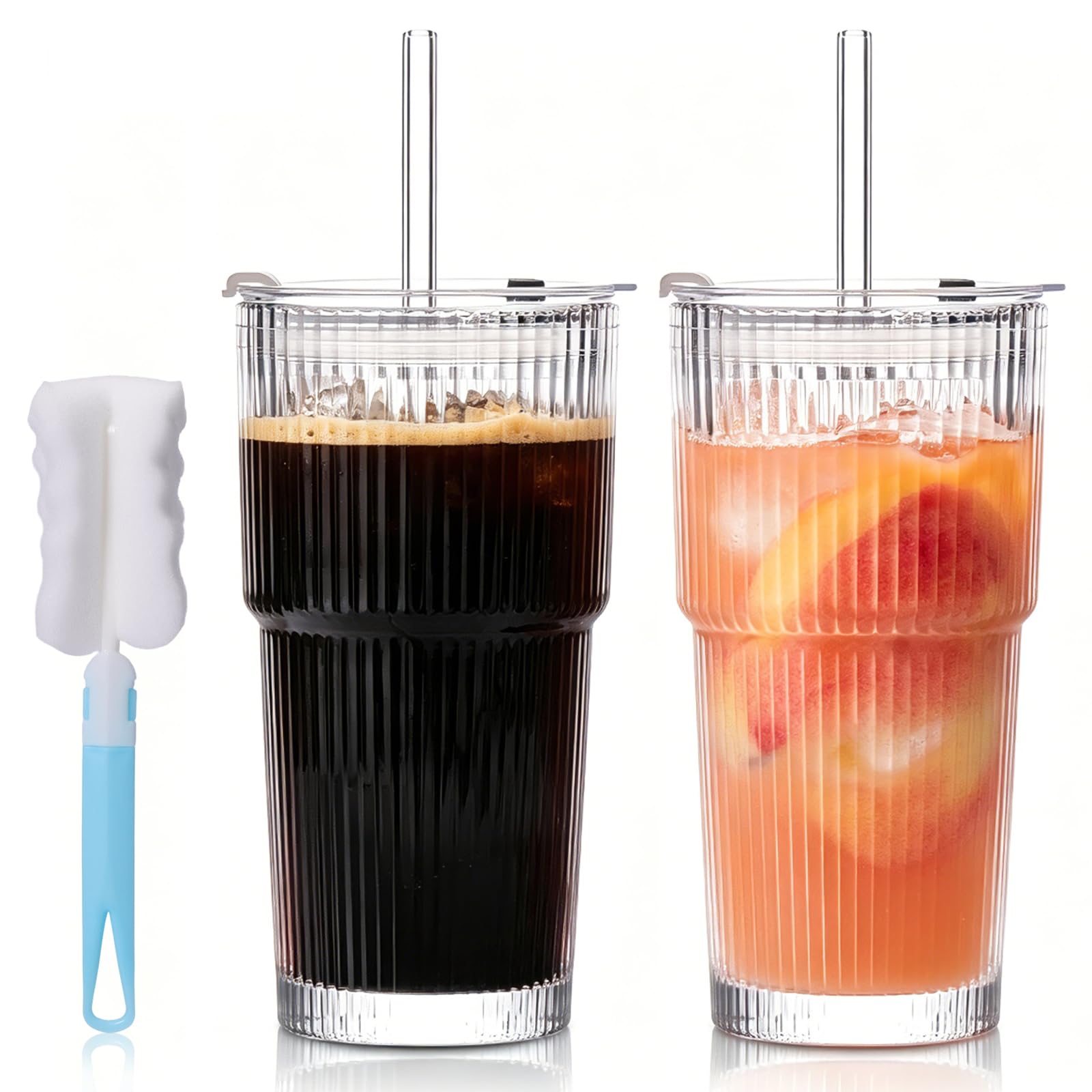 2 Piezas Vasos de Vidrio con Tapa y Pajita, 600ml Vaso Cristal Transparente Diseño a Rayas con Popotes y Cepillo, Vasos Reutilizables para Café Helado, Batidos, Jugo, Cócteles, Cerveza