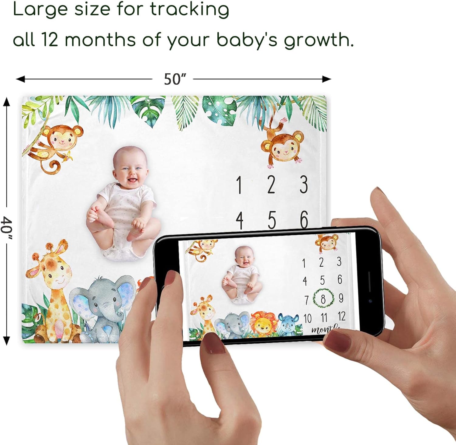 Yuzioey Safari Baby Monthly Milestone Blanket, Jungle Animals Baby Growth Chart Month Blanket, Watch Me Grow Boy Safari Nursery Gift for New Moms, Includes Marker (50"x40") - Image 2