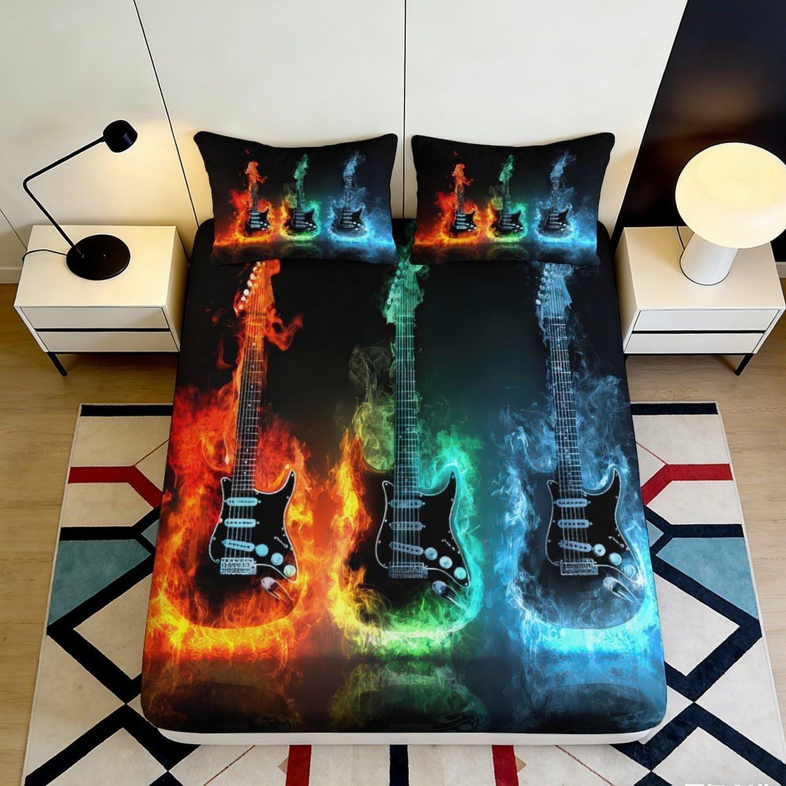 Jqzkxnhpbr Style-9 3D Printed Fire Guitar Fitted Sheet Microfiber Soft Breathable Blue Electric Guitar Bed Cover For Bedroom Dorm Mattress Decor 90X200x25cm