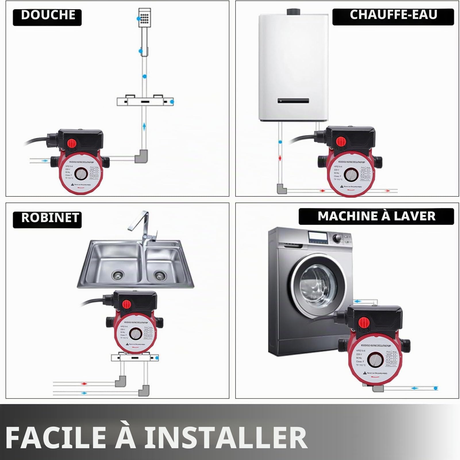 Pompe de Recirculation D'eau Chaude, Pompe de Circulation Blindée à 3 Vitesses 46 W 67 W 100 W 65 L/min pour Système de Chauffage avec Tuyau NPT de 1 Pouce, Joint de 3/4 Pouce (Prise UE