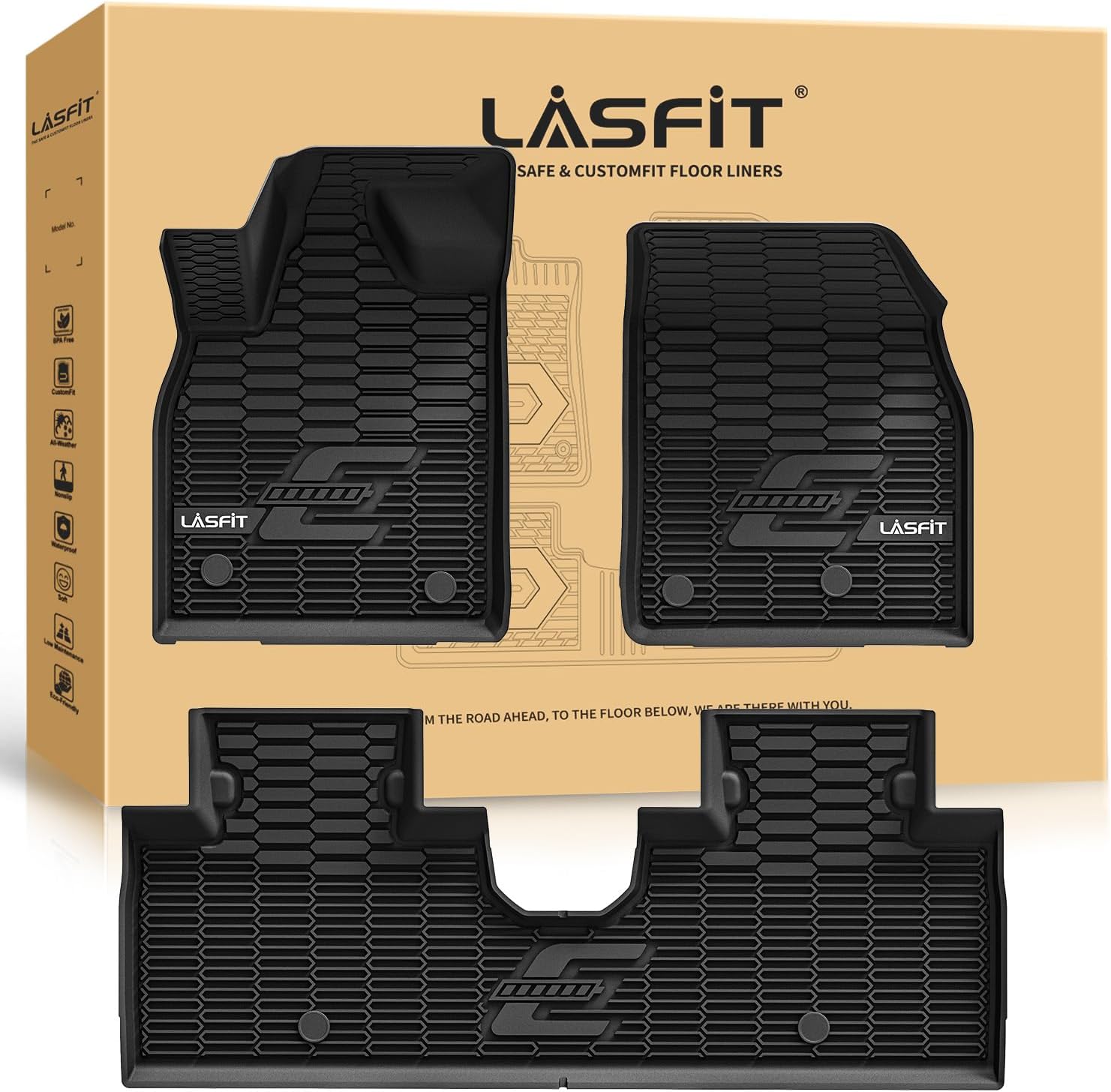 LASFIT Floor Mats for Ford Mustang Mach-E 2021-2025 2026 TPE All Weather Protector Car Liners, 1st & 2nd Row, 3pcs Black