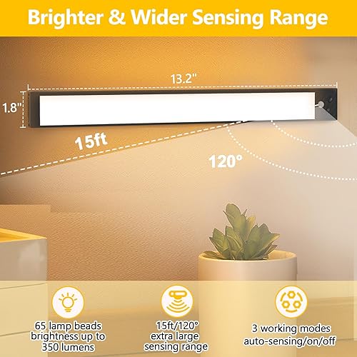 Miniatura 3 de Iluminación para debajo del gabinete, 65 LED, 3 temperaturas de color, luces recargables de armario, luz con sensor de movimiento ajustable para