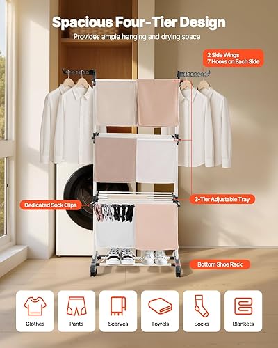 Miniatura 2 de VEVOR Estante de secado de ropa, estante plegable para secadora de ropa de 4 niveles, estantes de secado de metal con 24 varillas de secado, percha