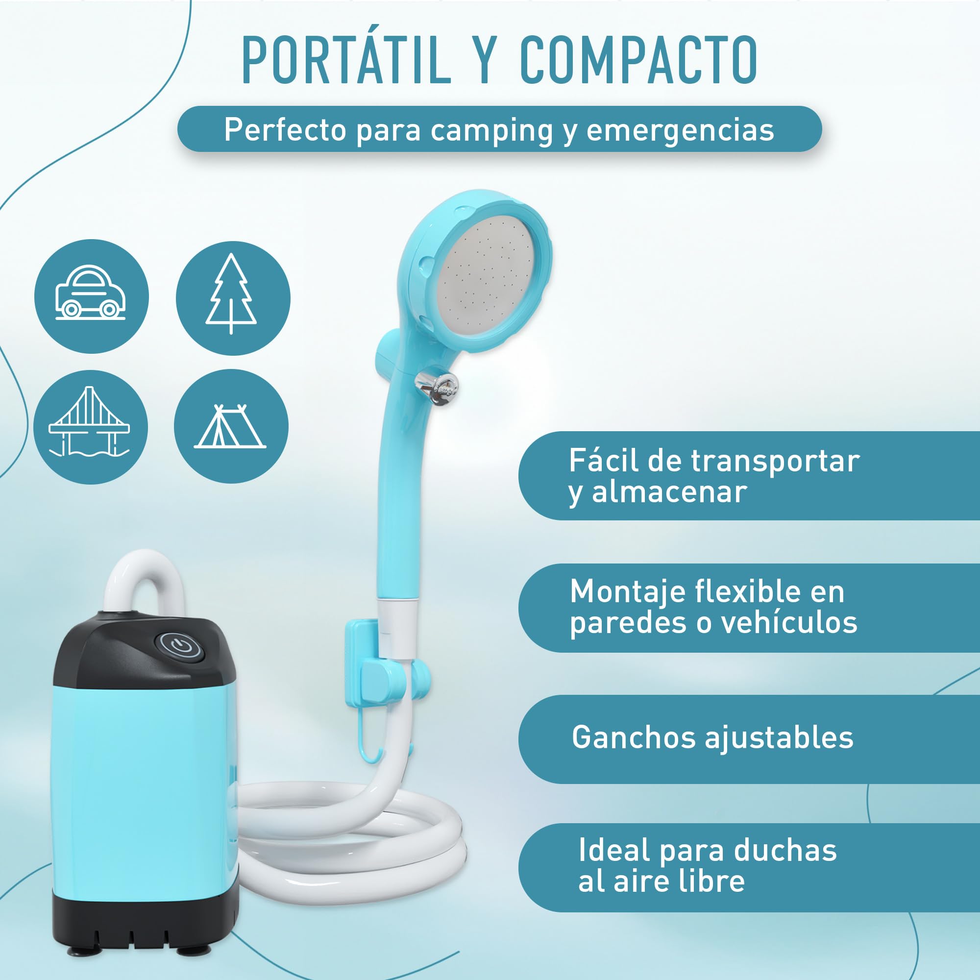 Ducha Portatil Camping - Duchas de Camping al Aire Libre - Duchas Acampada con Bomba IPX7 Impermeable & Batería 4500mAh Recargable - Ducha para Senderismo - Lavado Autos - Mascotas - Baño.