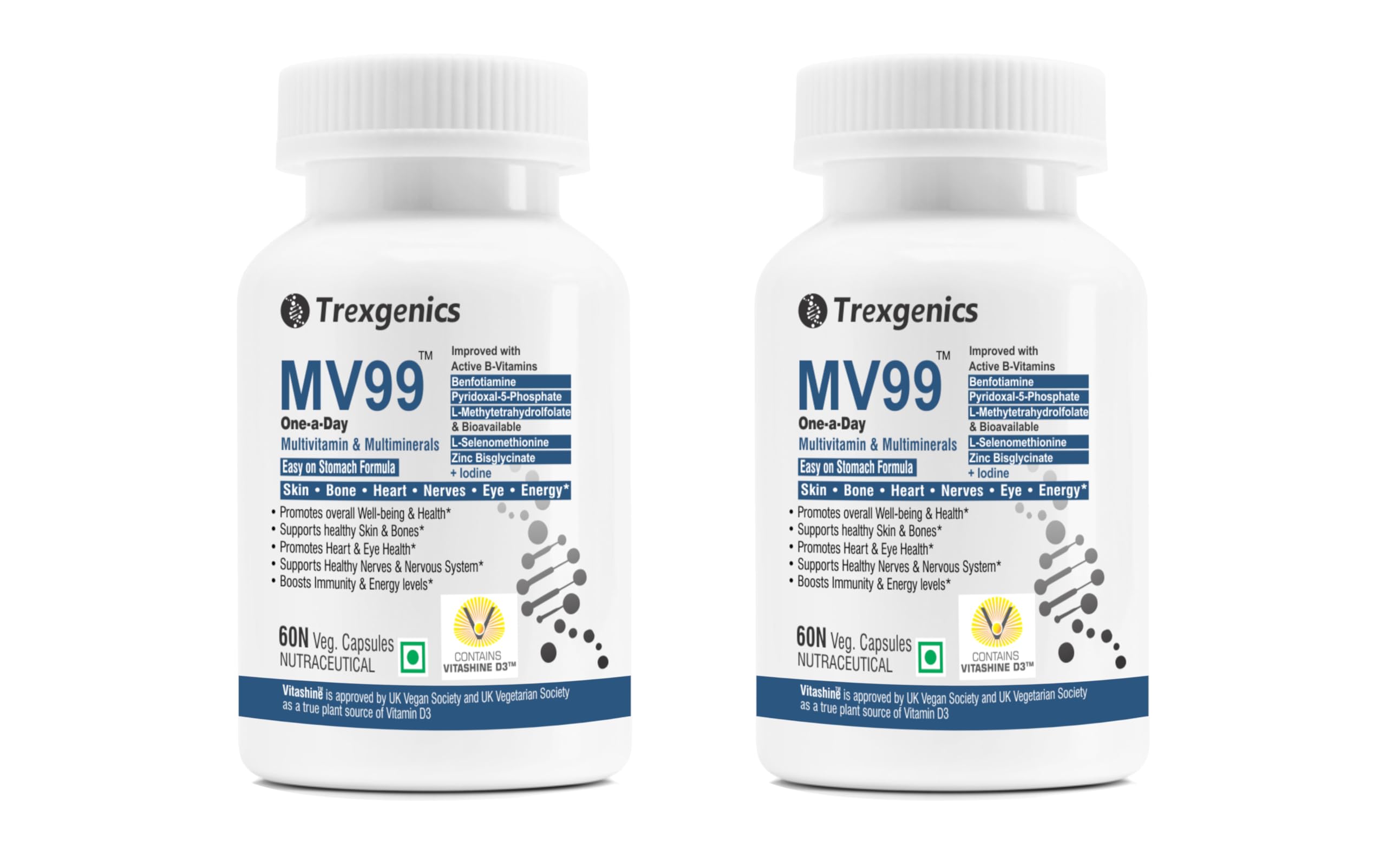 Trexgenics MV99 Multivitamin One-a-day Easy On Stomach - Complete Daily All you need with Multiminerals & Micronutrients for Men & Women (60 Veg. Capsules) (Pack of 2) (B084R9N7D6) Amazon Price History, Amazon Price Tracker