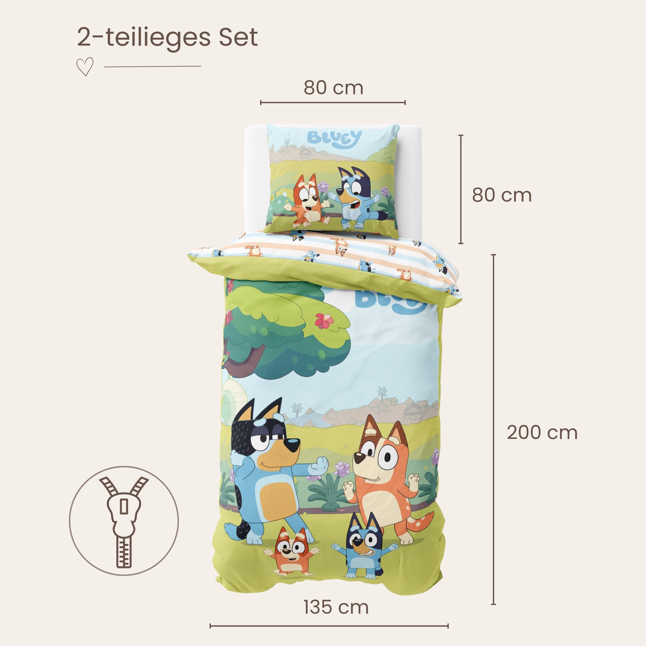 MTOnlinehandel Bluey Bettwäsche 135x200 Baumwolle für Mädchen und Jungen, Kinderbettwäsche, 1x Kissenbezug 80x80 + Bettbezug 135x200, Bingo & Bluey Geschenk