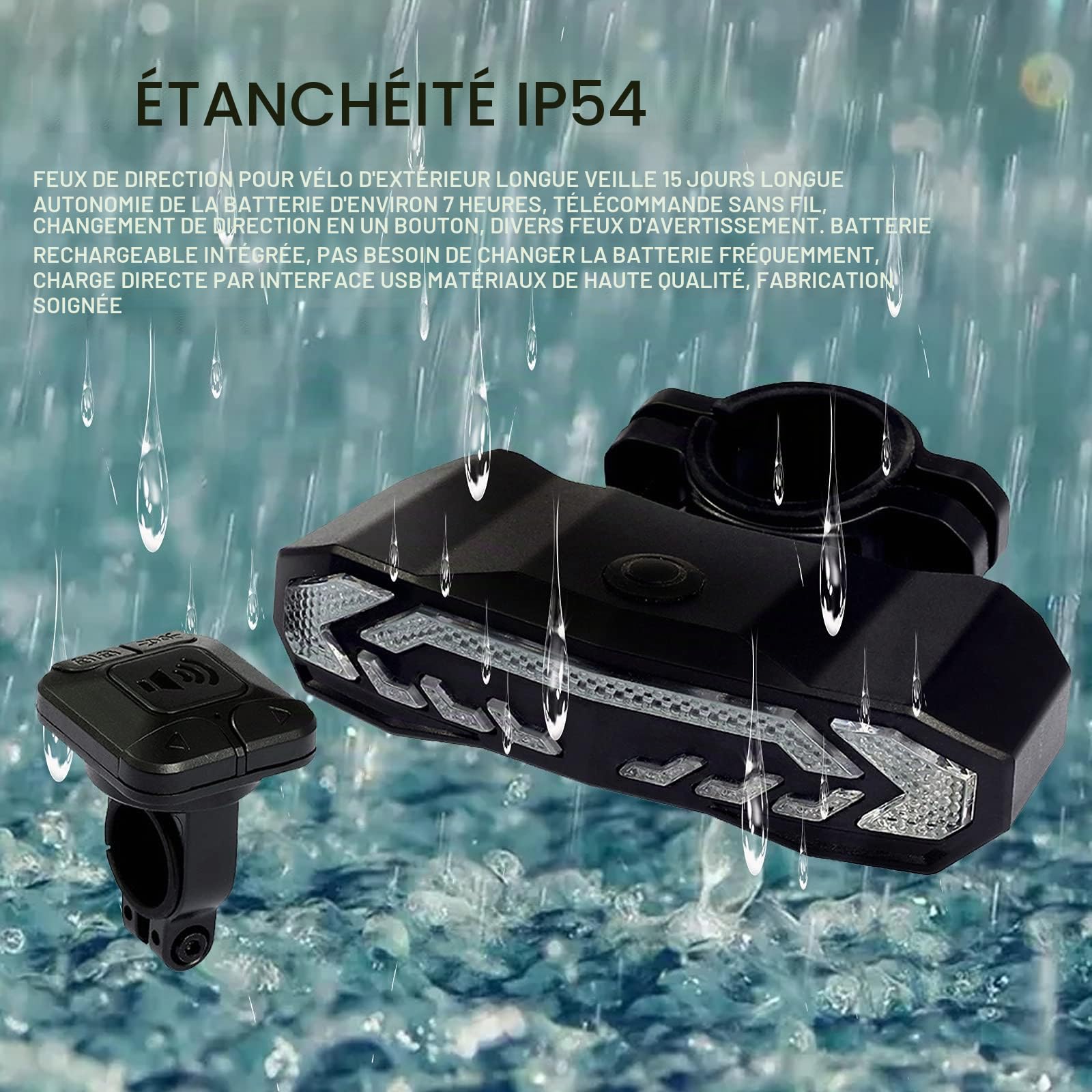 Feu arrière de vélo intelligent, avec clignotants et feu de freinage automatique, alarme de vélo à télécommande sans fil, feu arrière 5 en 1 (avertissement, frein, direction, sonnette électrique)