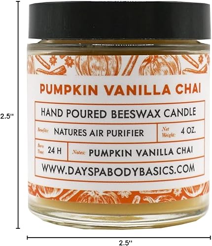 Miniatura 3 de Pumpkin Vanilla Chai - Vela de cera de abeja vertida a mano, totalmente natural, mecha trenzada de algodón, sin químicos, sin humo, limpia el aire,