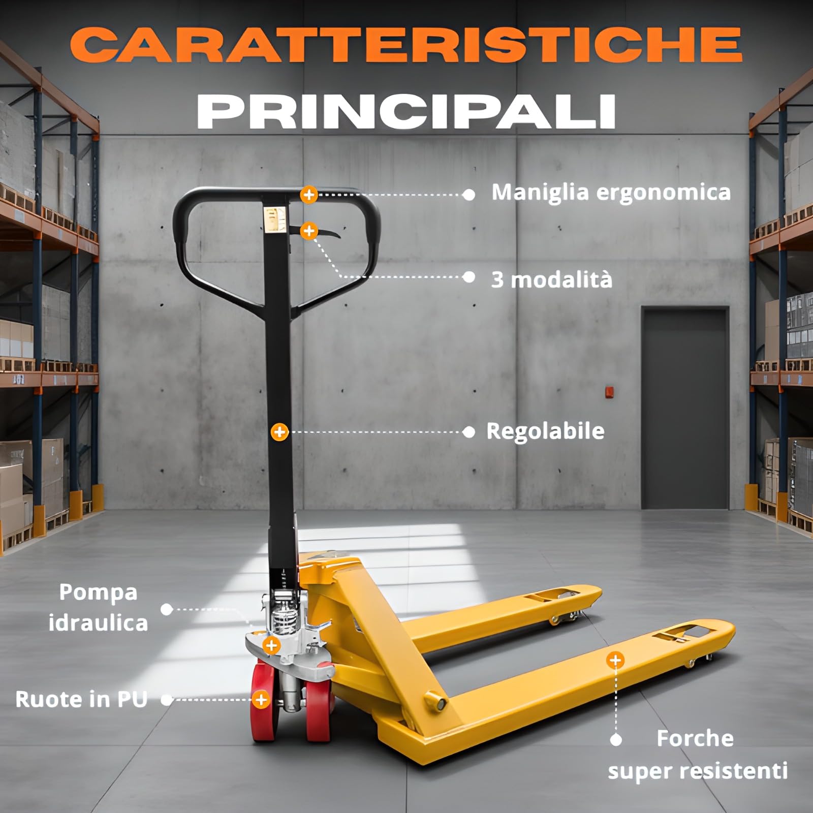 Transpallet Manuale - Portata 3000 kg - Traspallet Birullo con 4 Rulli in Poliuretano PU