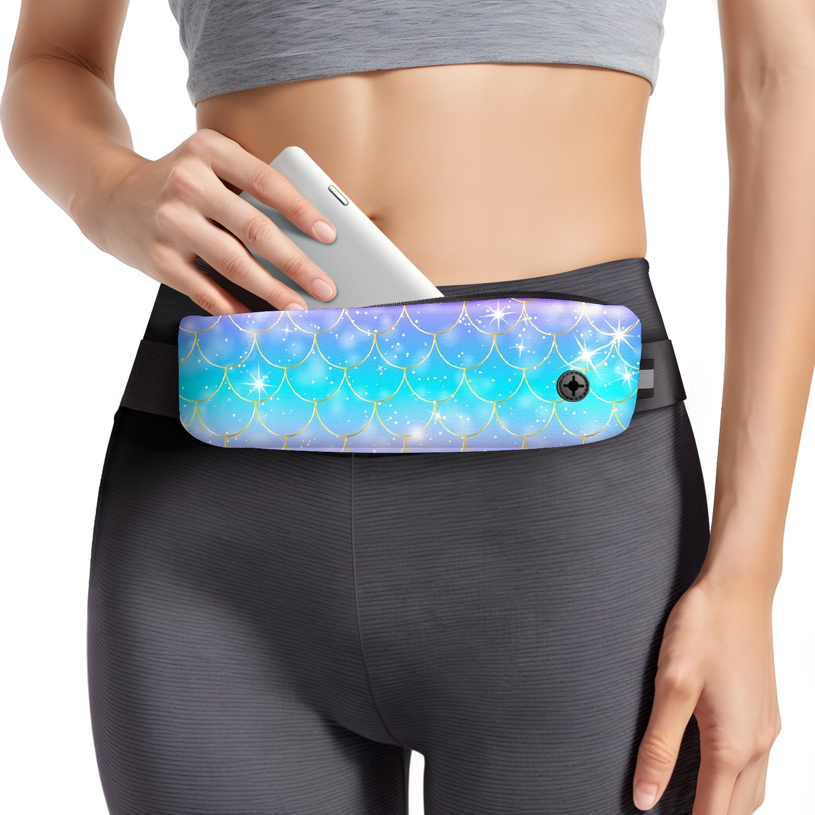 Slim Belt Bag for Women with Adjustable Strap No Bounce Fashion Fish Scales Running Waist Packs Blue Waterproof Belt Purse for Running Hiking Workout Sports Travel