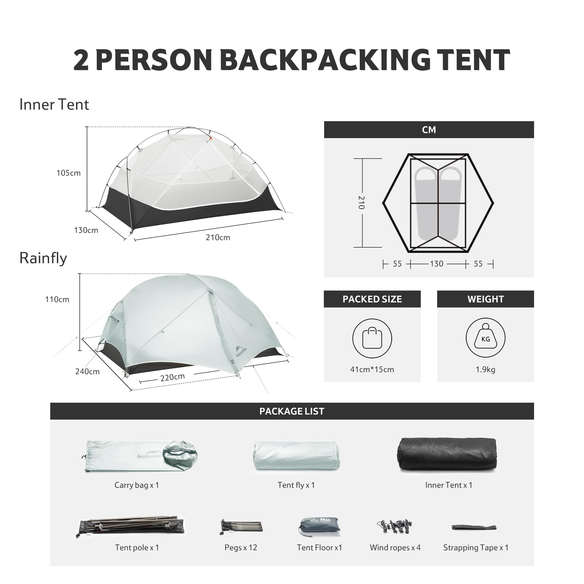 Naturehike Mongar UL Tenda Ultraleggera Antivento Impermeabile da Trekking Doppia Portatile 1/2 Persona 3-4 Stagione per Campeggio Escursionismo