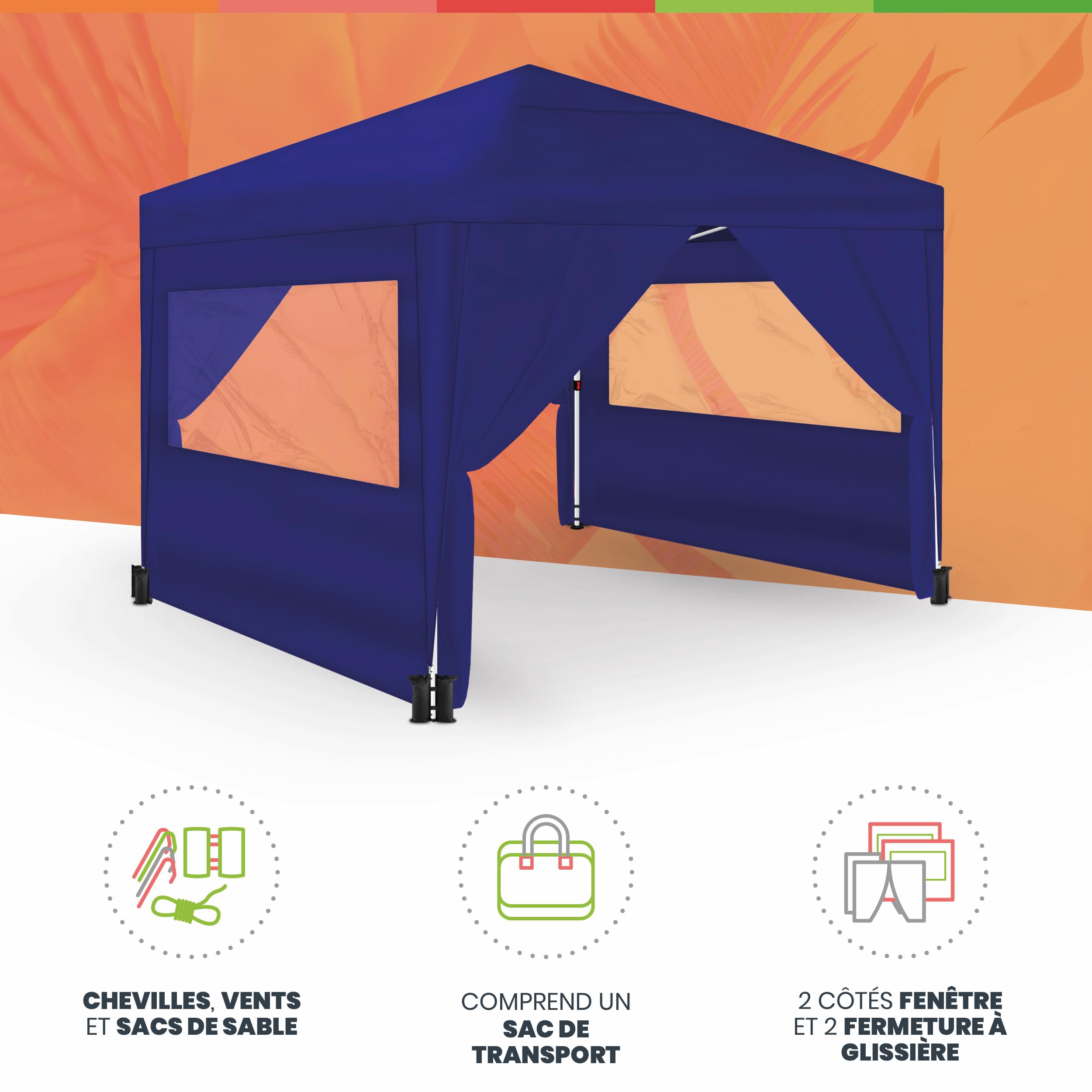 Wasabi - Tonnelle de Jardin Exterieur 3x3m – 4 Parois Latérales – 4 Sacs de Sable, Câbles de Fixation – Sac de Transport – Pergola Blanche en Nylon