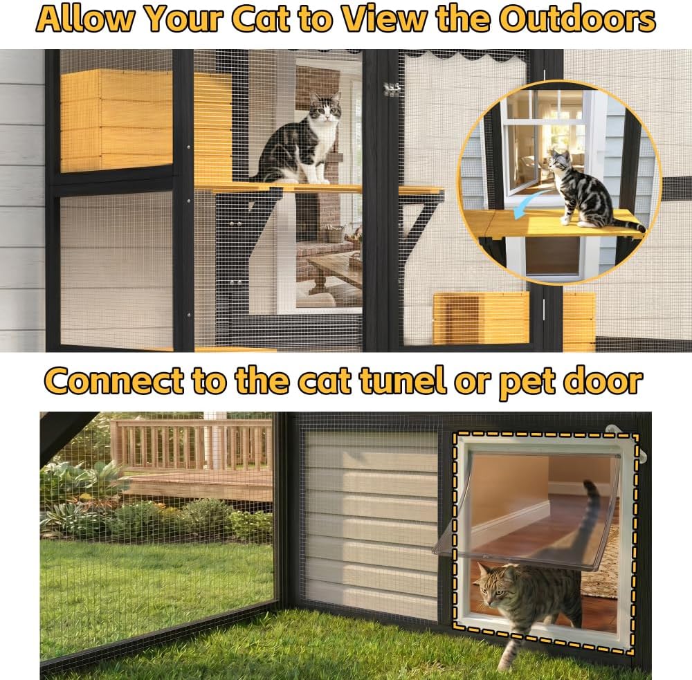 Large Wooden Walk-in Outdoor Cat Enclosure with Window Connection 2 Condos 5 Platforms 4 Doors Weatherproof Roof for Multiple Indoor Outdoor Cats