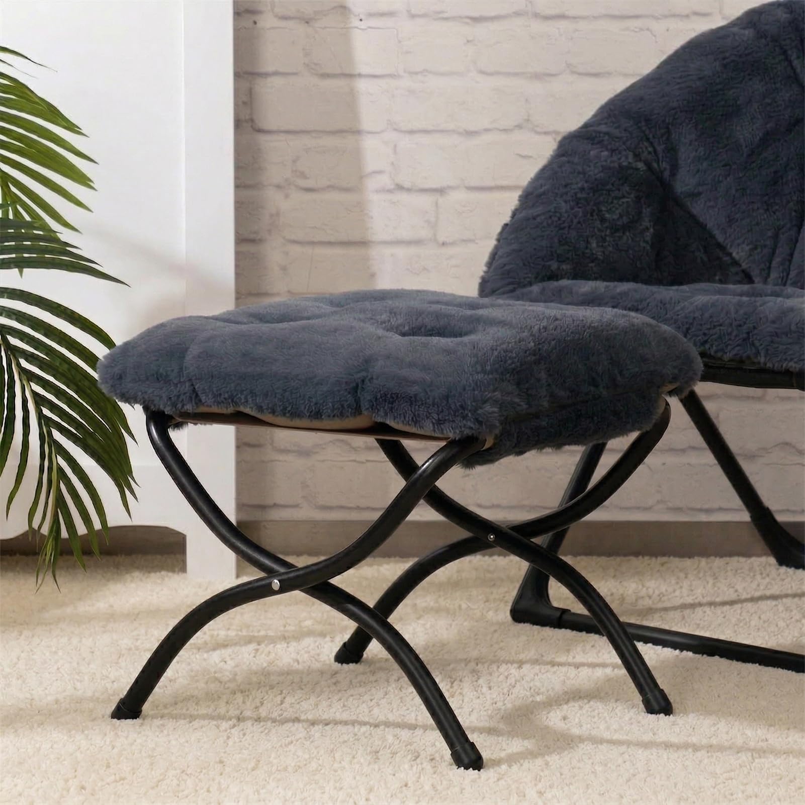 HollyHOME Repose Pied Pliable Salon Repose Pied Canape en Métal Tabouret Repose Pieds Jardin Balcon Petit Ottoman, Peluche Gris Foncé