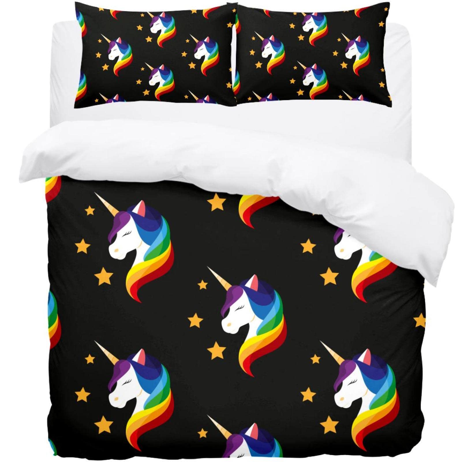 Housse de couette licorne respirante avec 2 taies lavables pour lit simple