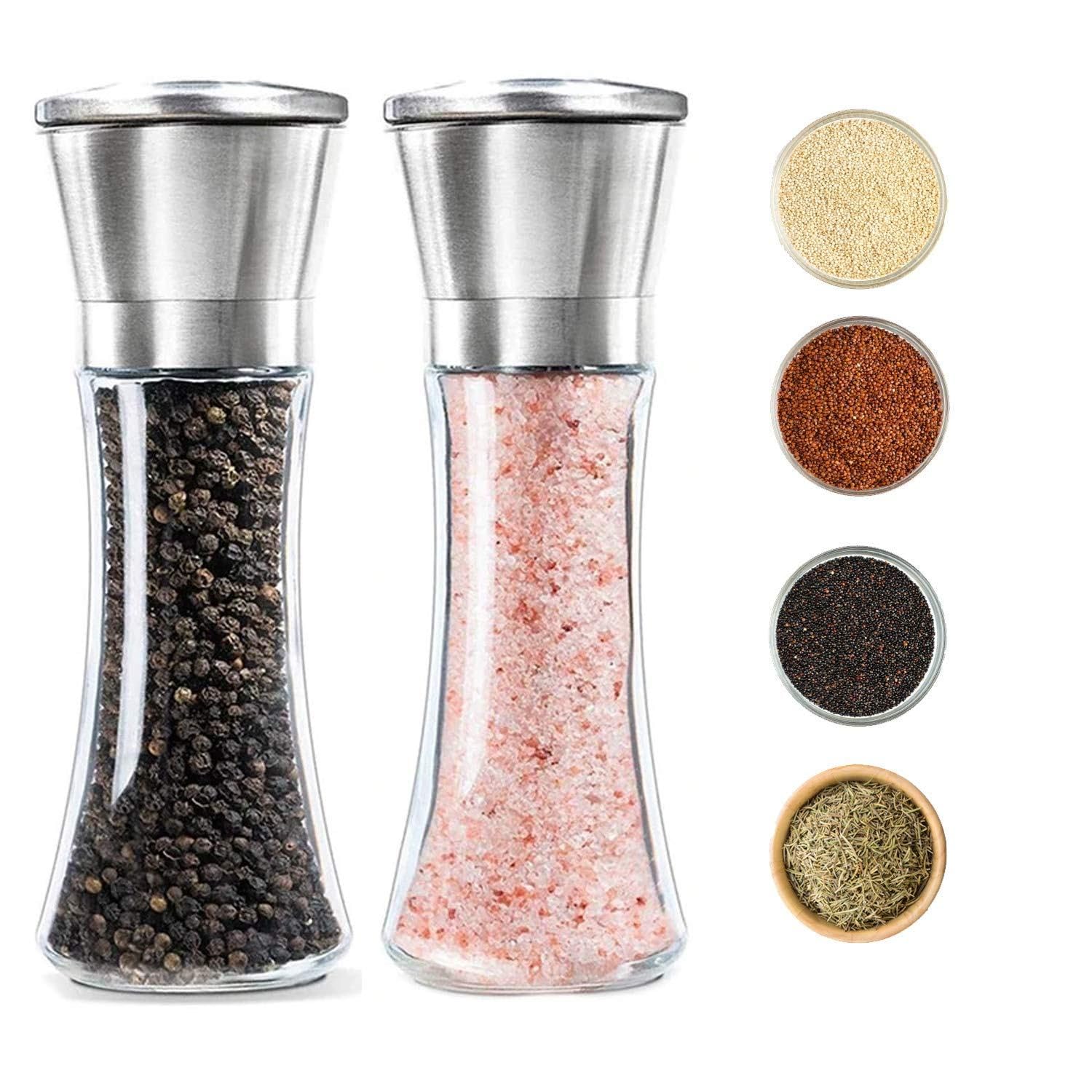 Piqray Salt and Pepper Mills with Beech Stand (2 pcs) - Premium Set of Salt and Peppercorn Grinders Brushed Stainless Steel and Glass Body Shakers (Silver_S_H_T_05062053)