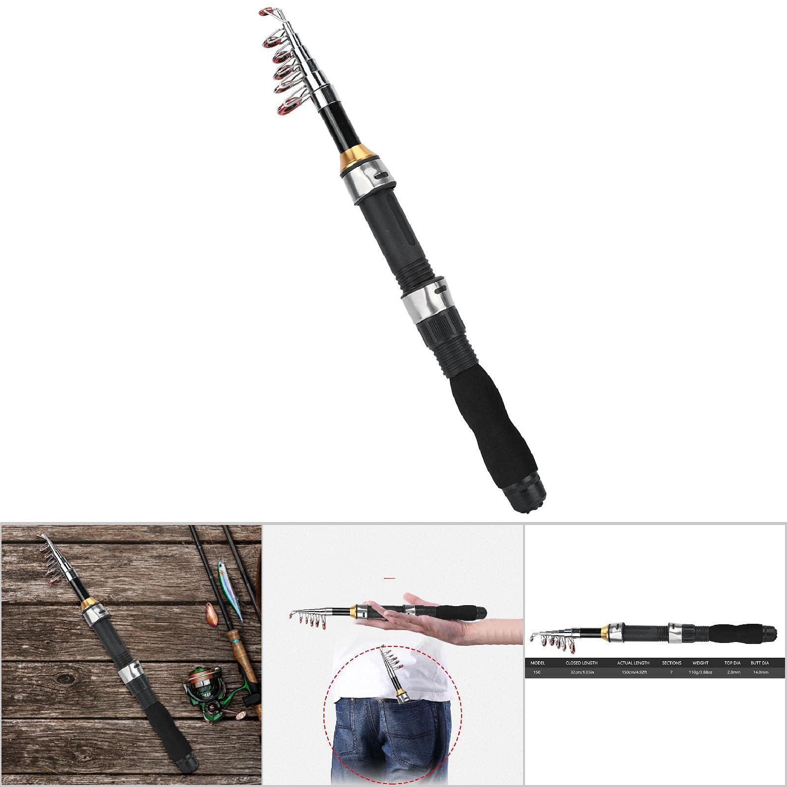 Alomejor Caña de Pescar Portátil 1.5M para Pesca en Mar y Agua Dulce - Varilla Ligera de Carbono para Pesca al Aire Ideal para Principiantes y Expertos