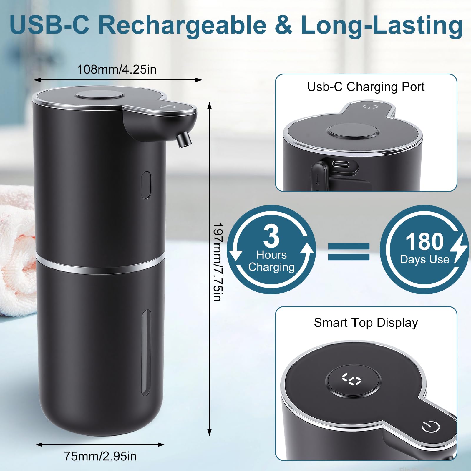 Dispenser di sapone automatico 380ml Dispenser di sapone liquido ricaricabile intelligente senza contatto a 6 livelli (nero)