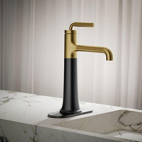 Miniatura 2 de Kohler 26437-4-BMB Tone - Grifo alto para lavabo de baño con una sola manija, 1.2 gpm, negro mate con latón moderno cepillado