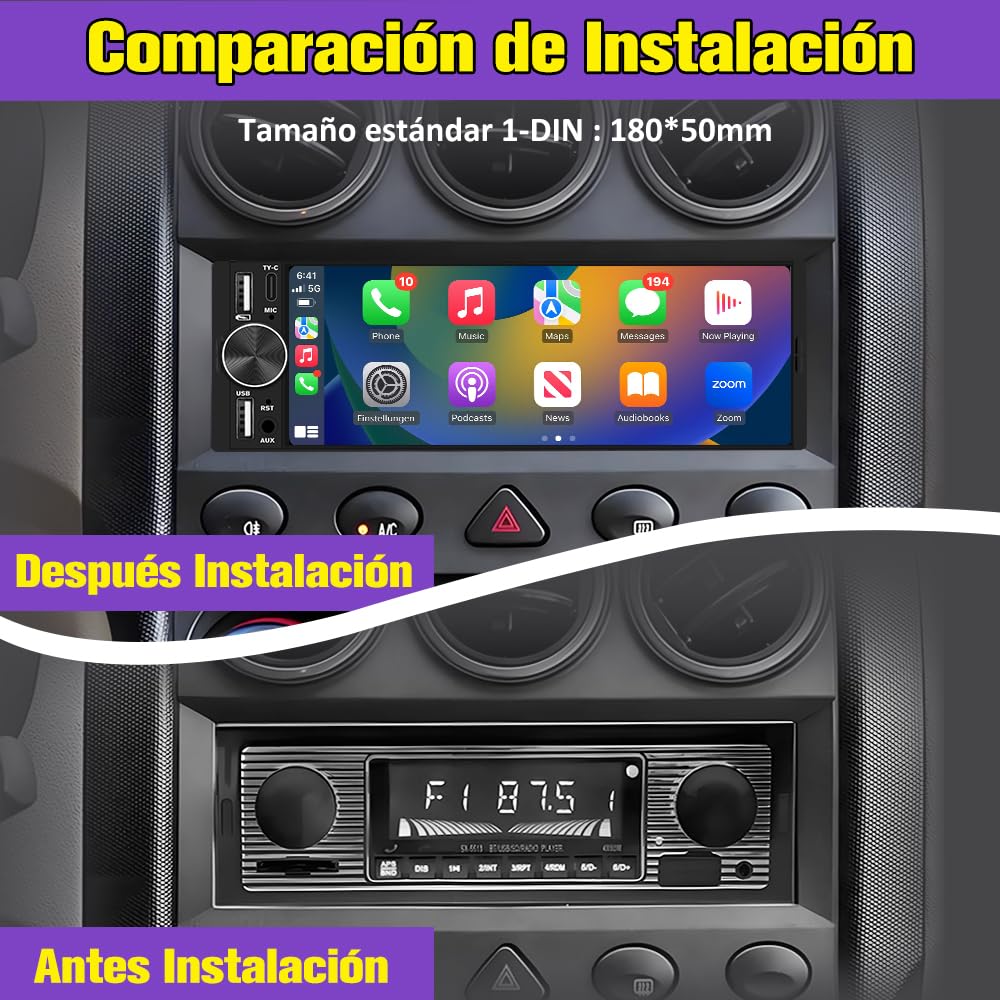AWESAFE Radio de Coche 1 DIN Universal con Carplay y Android Auto Inalámbrico, Autoradio 1 DIN con Pantalla Táctil de 6.36 Pulgadas y Cámara Trasera, Soporta Bluetooth/Mandos Volante/FM/Double USB