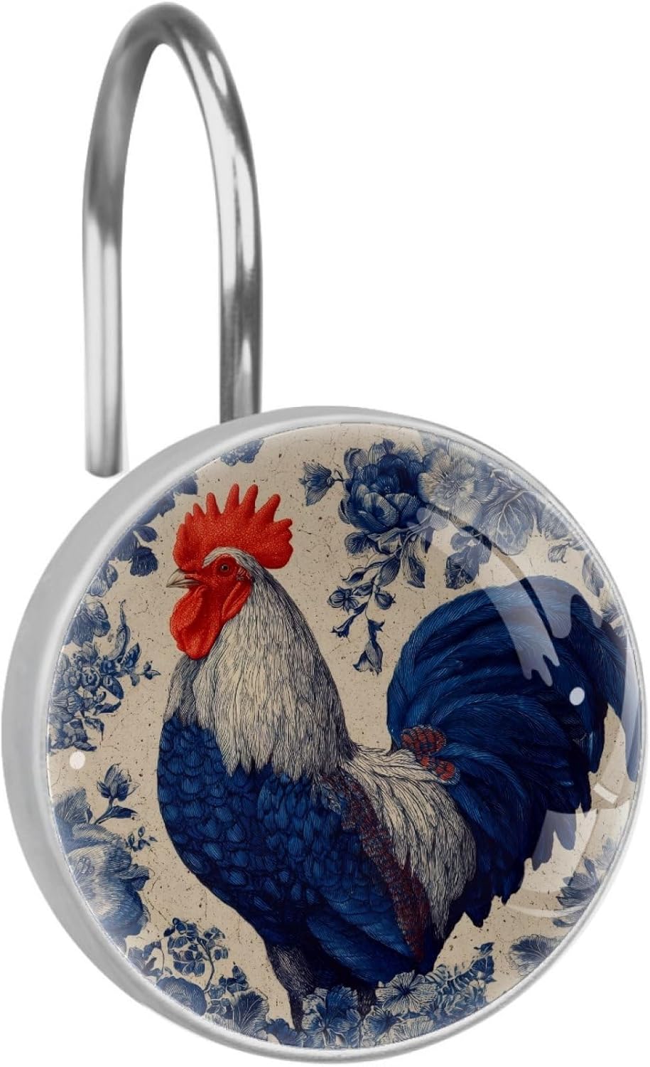 12 Packs Vintage Rooster and Flower Shower Curtain Hooks, Stainless Steel Glass Shower Curtain Rings for Bathroom Decor, Metal Rustproof Curtain Rod Hooks