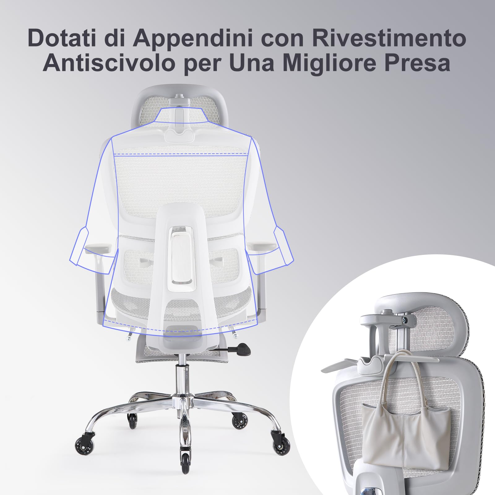 LarkLeaves Sedia Ufficio Ergonomica con Schienale Regolabile 5 Livelli/Supporto Lombare 2D per Ufficio/Casa/Gaming, Poggiatesta 3D + Cuscino Cervicale, Poggiapiedi Retrattile, Ruote Silentec, Grigio