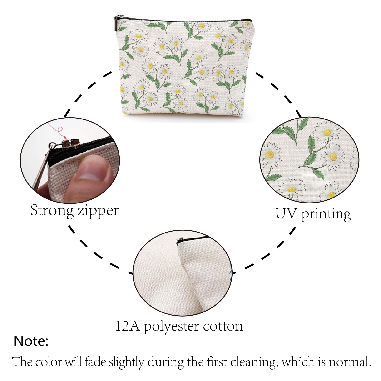 CREATCABIN Makeup Bag Cosmetic Bag Make Up Potable Toiletry Organizer Travel Small Things Jewelry Storage Purse Pouch Pencil Case for Women Beach Family 7x10 Inch April Daisy - Image 4