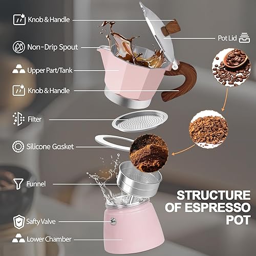 Miniatura 3 de Cafetera de aluminio con 3 tazas de 5.1 fl oz Moka Pot Express, estufa de café expreso, colorida cafetera italiana, estilo clásico, Greca Café,