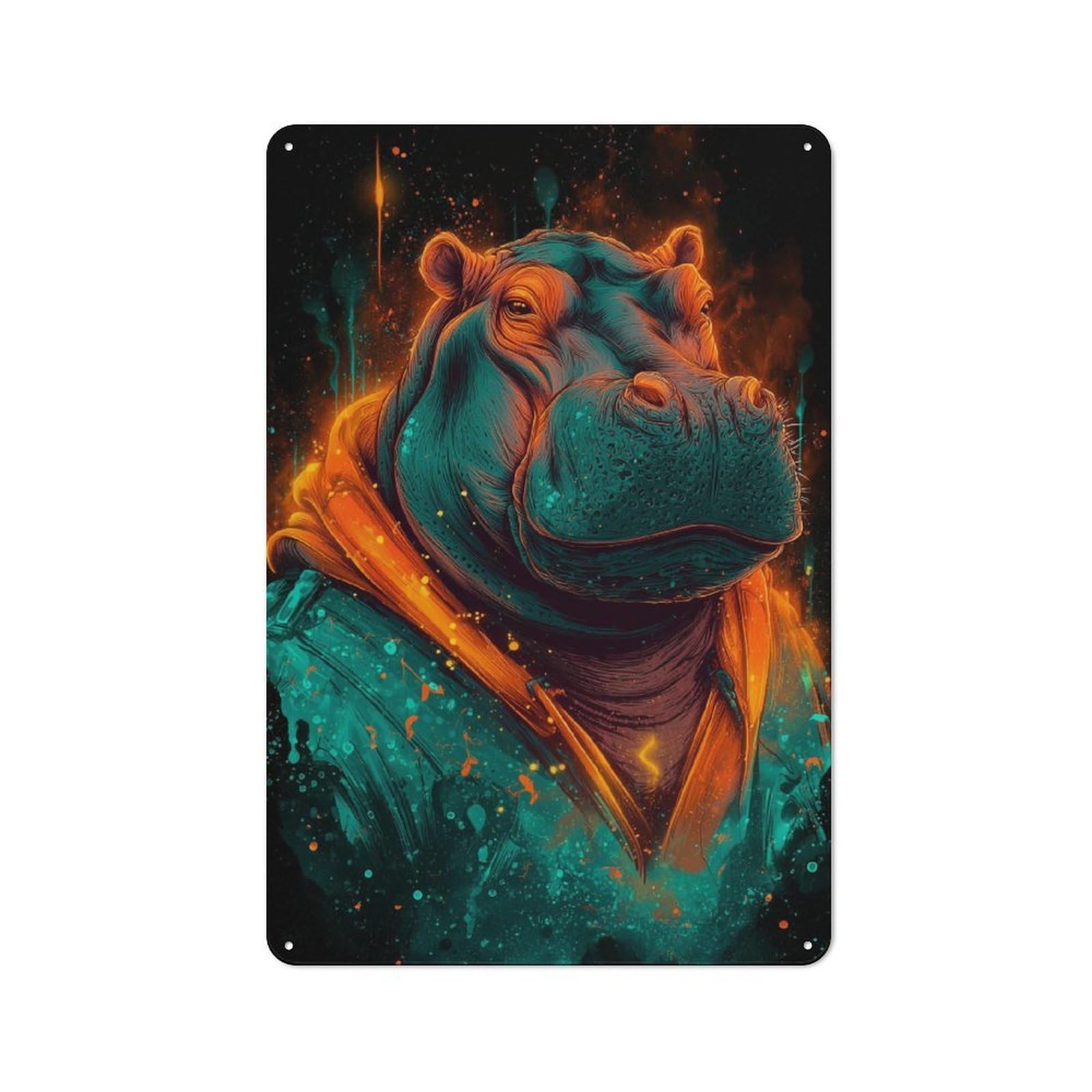 Nostalgic Vibrant Hippo Art Decorative Tin Sign 30x20cm, Vintage Wall Decor for Lounge, Study, Pub Or Wall Gallery