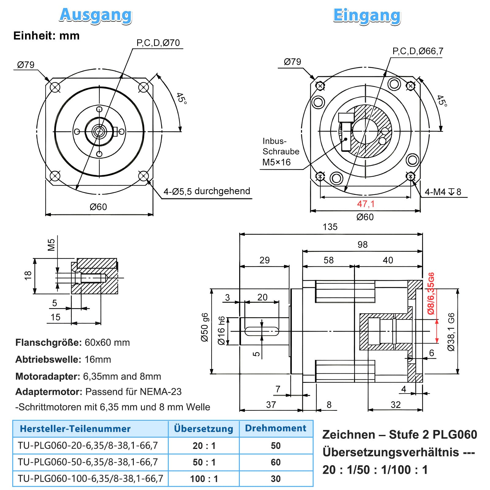 Nema 23 Engrenage planétaire 100:1 30 Nm 5 arcmin