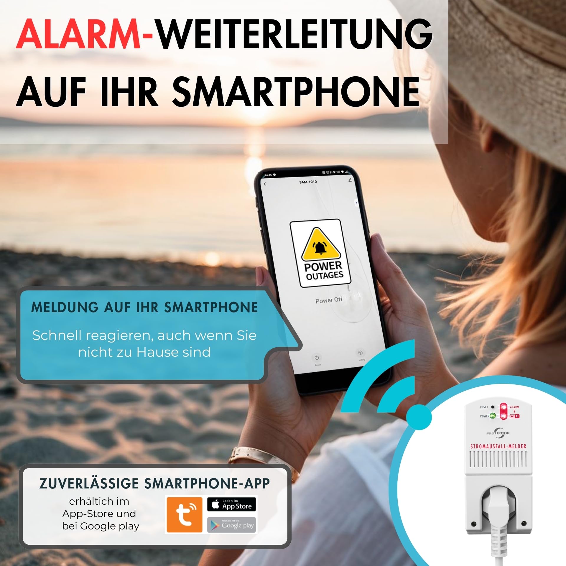 [Neu] Protector SAM-1010 Stromausfallmelder, 3500 Watt mit WiFi und App, Notstrom-gepuffert, 12 Stunden Alarm, Stromwächter für Stromausfall, Ideal für Gefrierschrank und Aquarium. Kühlschrankalarm