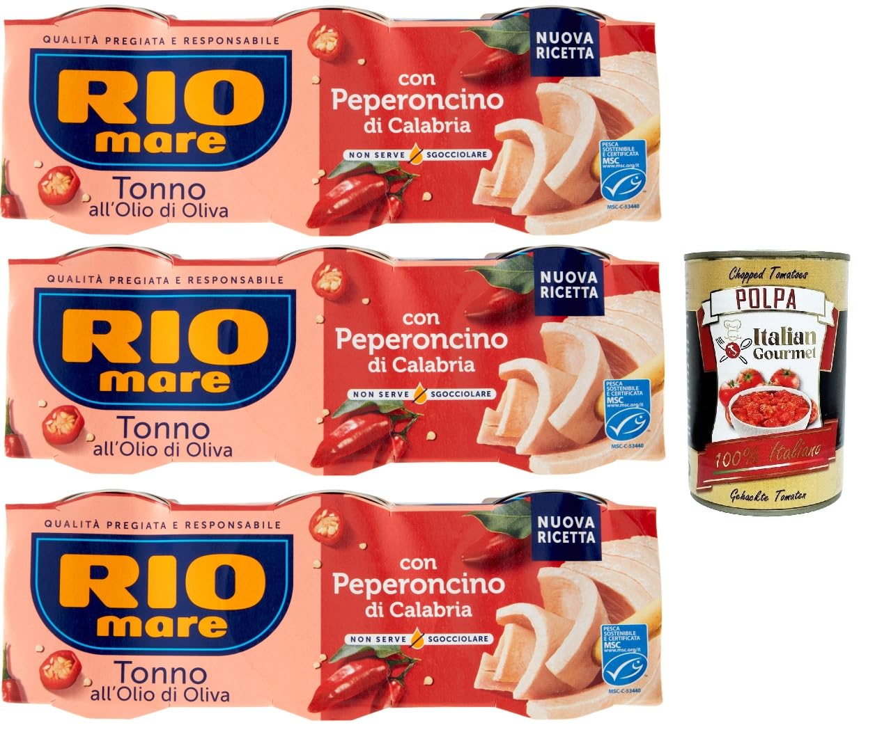Rio mare Tonno all'Olio di Oliva con Peperoncino di Calabria, Thunfisch mit Olivenöl mit Kalabrien -Chili -Pfeffer 9x 65 g + Italian Gourmet polpa 400g