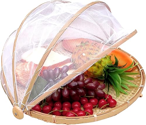 Cesta de bambú para servir alimentos con cubierta, cesta redonda de bambú tejida a mano para pan y frutas con cubierta de malla retráctil para