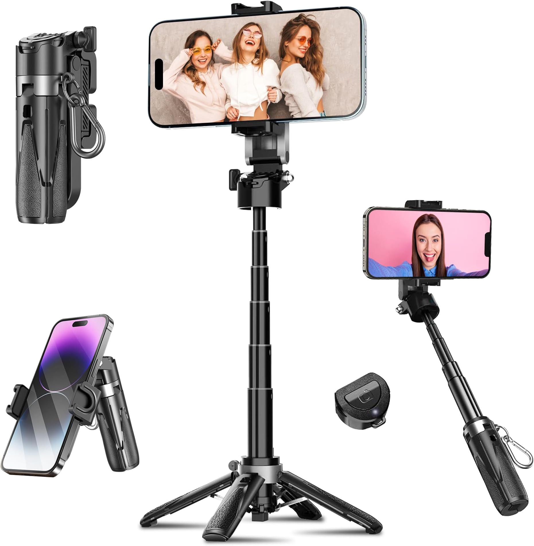 4 in 1 Mini Selfie Stick for Mobile, Tripod Stand with One-Click Auto OpenLegs, Premium Aluminum Build 6Section Telescopic Pole, 360°Rotation,Rechargeable Remote, Pocket-size for Travel,Vloging