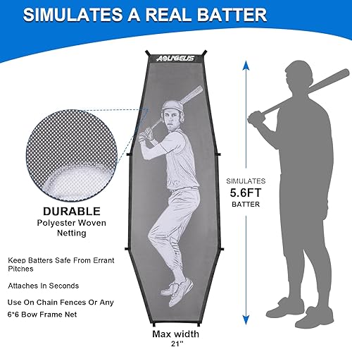 Miniatura 5 de Red de práctica de béisbol y sóftbol de 6'x6', red de lanzamiento, red de bateo, con bateador ficticio, objetivo de zona de strike adicional y marco