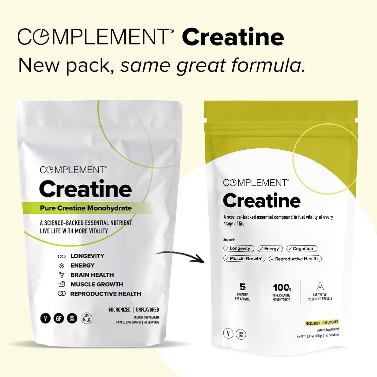 Complement Creatine Monohydrate Micronized Powder - Pre-Workout, Post-Workout, Muscle Recovery, Brain Health, Longevity, Energy Supplements for Women and Men - Vegan, Unflavored (5g, 60 Servings)