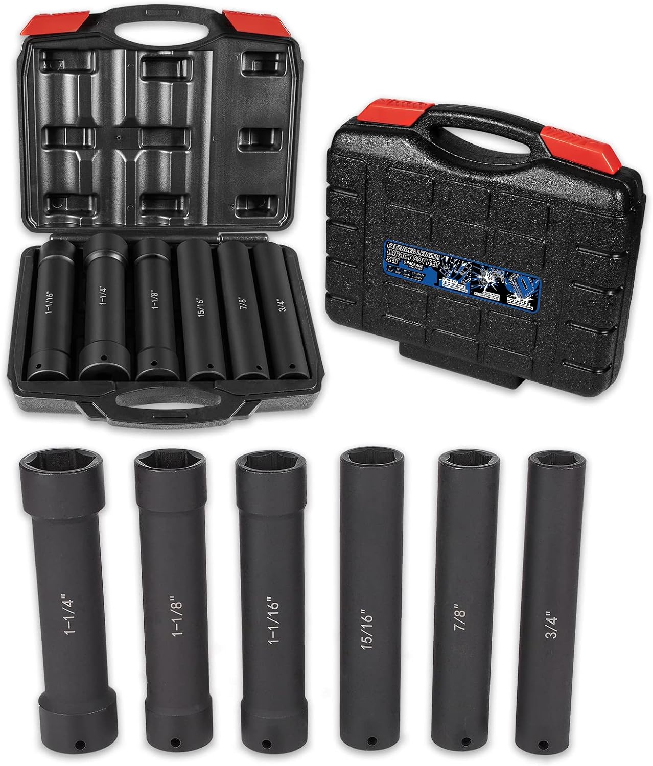 1/2 Inch Drive Extended Length Impact Socket Set 6 Sizes - Hex Sizes 3/4", 7/8", 15/16", 1-1/16”, 1-1/8", 1-1/4"Extra-Deep Length Extra-Deep Impact Set Heavy Duty with Case