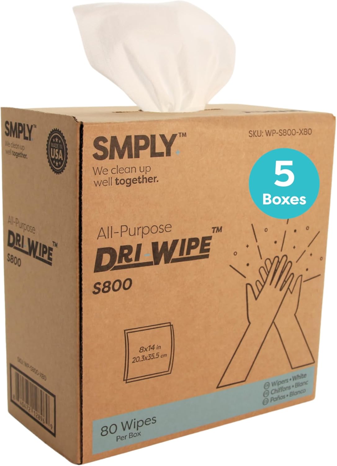Dri-Wipe S800 by SMPLY Brands – Heavy-Duty Disposable Wipes, 5 Boxes of 80 (400 Total Wipes), Strong Alternative to Shop Towels & Paper Towels, 8" x 14" Center-Pull Sheets