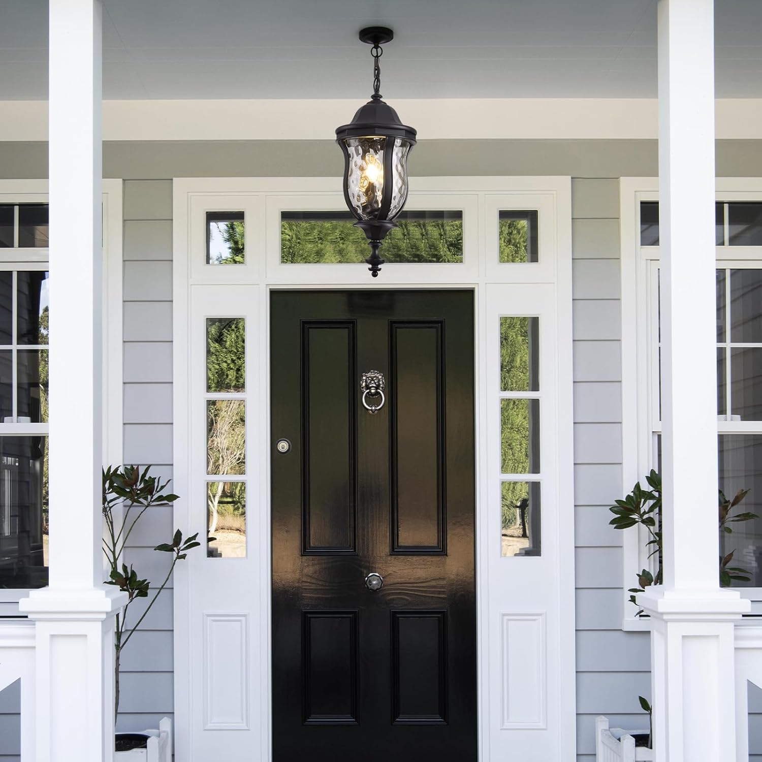 Large Outdoor Pendant Light Fixtures, 23.6'' Exterior Hanging Lantern Porch Light Adjustable, Black Hanging Lamp Farmhouse Exterior Chandelier Ceiling Mount for Entrance Patio