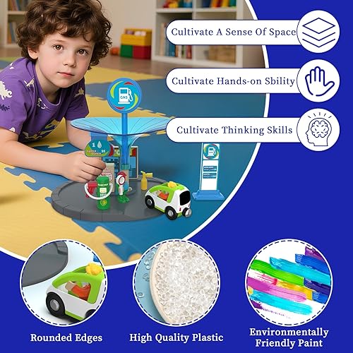 Miniatura 5 de Juego de expansión de estación de servicio de tren de madera, estación de combustible con figuras, automóvil y señales, compatible con Brio Thomas