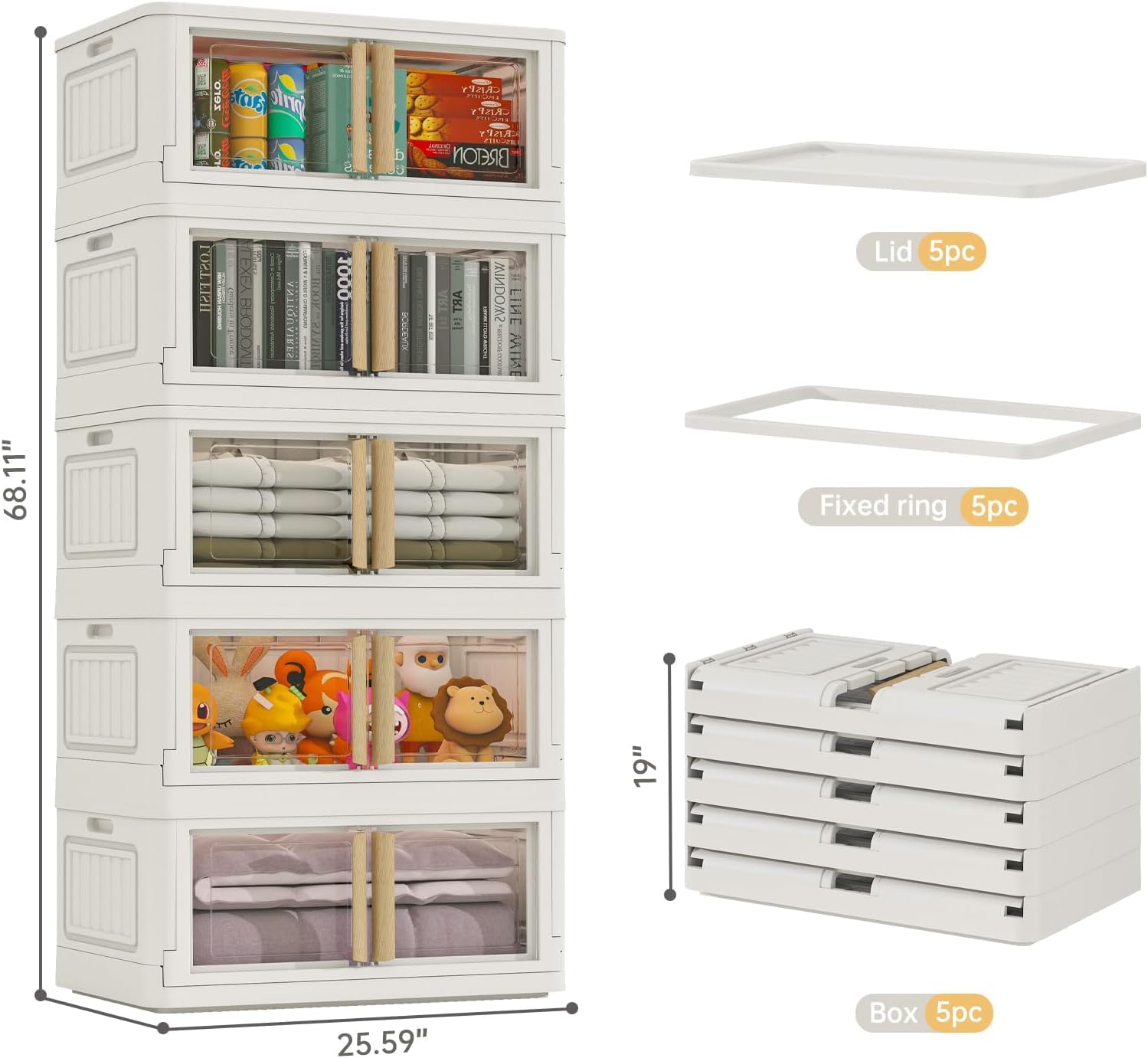 5 Storage Bins with 5 Lids, 78 Quart Plastic, White Closet Organizers and Storage,5 Packs Stackable with Wheels,Dual Open Collapsible, for Home and Office