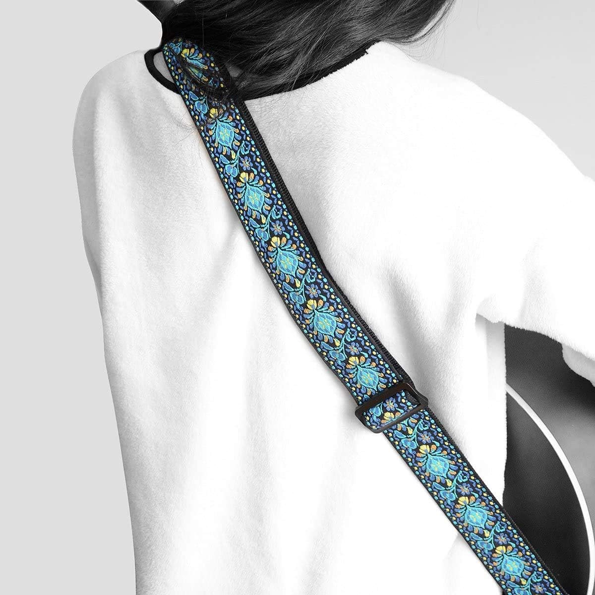 Guitar Strap, Jacquard Embroidered Cotton Strap with Genuine Leather Ends for Bass, Electric & Acoustic Guitars