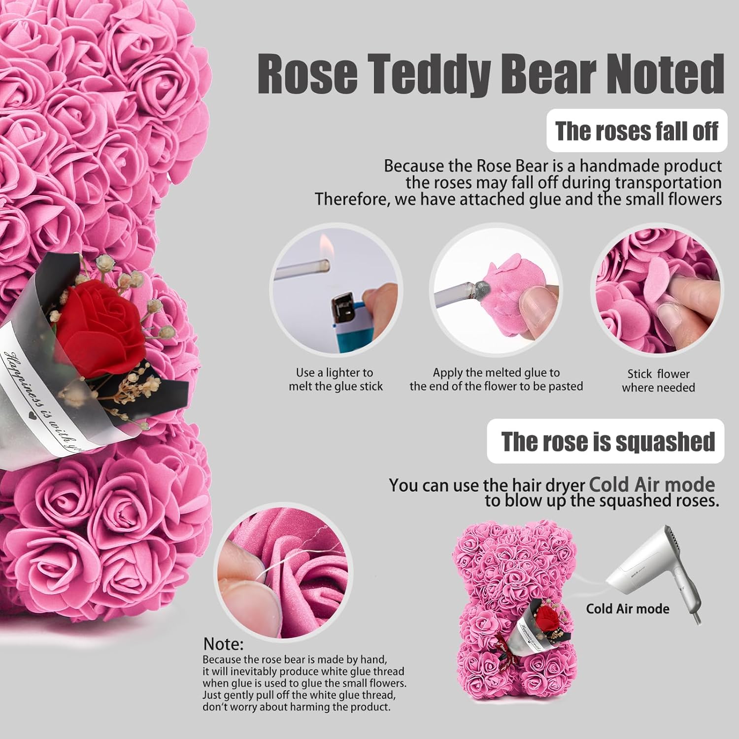 RECUTMS Rose Bear Valentines Day Gifts for Her Artificial Flowers Rose Teddy Bear with Preserved Bouquet Mother's Day Birthday Gifts Pecfect for Girlfriend Mom Women(Pink)
