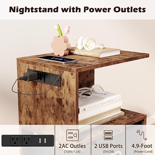 Miniatura 5 de Furologee Mesita de noche con estación de carga, mesa auxiliar en forma de S con cajón, mesa auxiliar de 3 niveles, estantería pequeña abierta, para