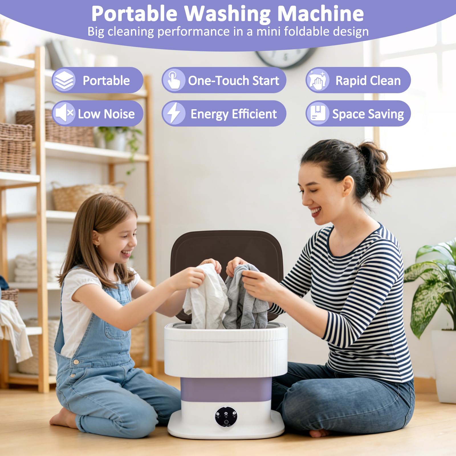 Mini Machine à Laver Portable 10L Pliable Lave Linge Compact | 3 Modes de Nettoyage & Panier D'essorage Amovible, Classe Énergétique E pour Appartements, Dortoirs, Camping & Voyages
