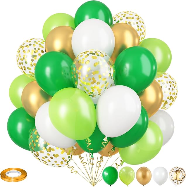 Green Gold Balloons Set, Dark Green Pearl Lime Green Metallic Gold White with Confetti Latex Balloons, Light Green Gold White Balloon for Jungle Dinosaur Birthday Baby Shower Wedding Party Decorations